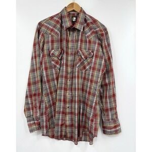 Vintage 90's Karman Pearl Snap Plaid Shirt Large‎ Red Rodeo Rockabilly USA
